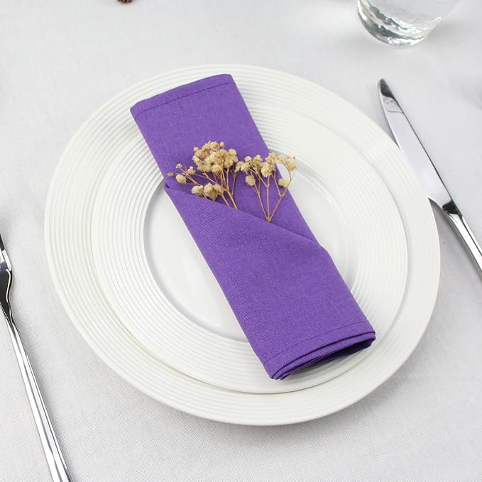 Solid Color Linen Blended Thin Dinner Cloth Napkins - Set of 12 (40 x 40 cm) - for Events & Home Use (Purple)