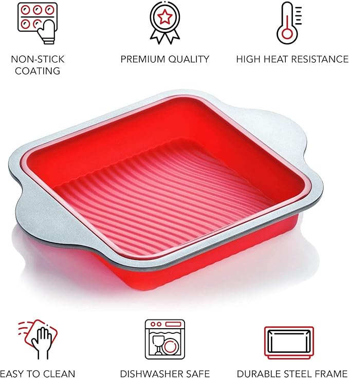 Boxiki Kitchen Non-Stick Silicone 8x8 Square Cake and Brownie Pan with Easy Grip Steel Frame Handles - Easy to Release, Oven & Dishwasher Safe
