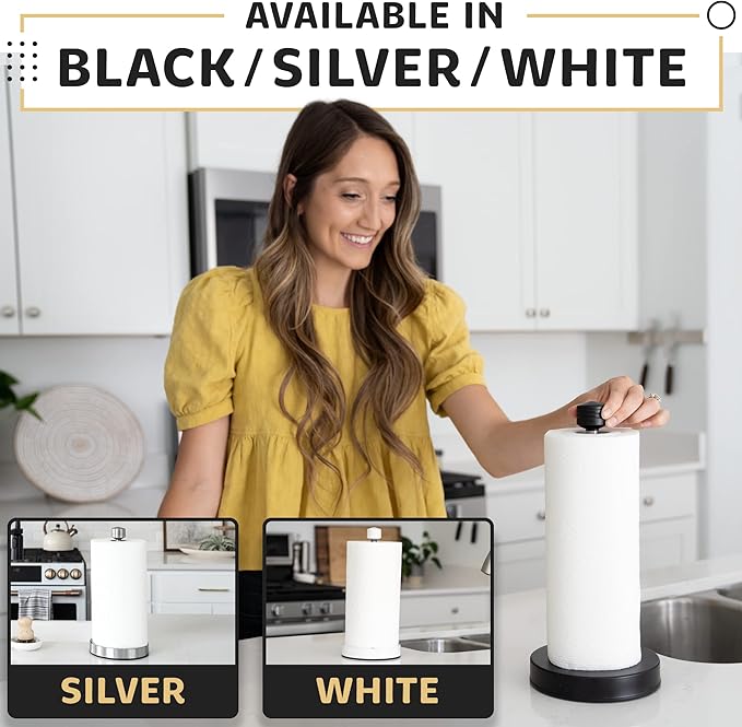 Stainless Steel Paper Towel Holder Designed for Easy One-Handed Operation - This Sturdy Weighted Paper Towel Dispenser Countertop Model Has Suction Cups and Holds All Paper Towel Rolls