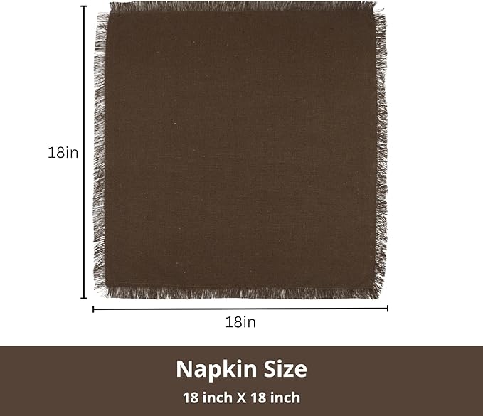 PurpleEssences Cloth Napkins with Fringes, 100% Cotton Christmas Holiday Winter Table Decor, Set of 6 18x18 Inch Reusable Dinner Napkins for Parties and Weddings - Brown