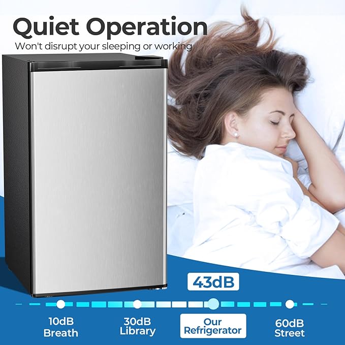 3.2 Cu.ft Mini Fridge with Freezer, Compact Refrigerator with Reversible Single Door, Adjustable Thermostat, Low Noise, Energy Efficient for Office, Dorm, Bedroom, Apartment