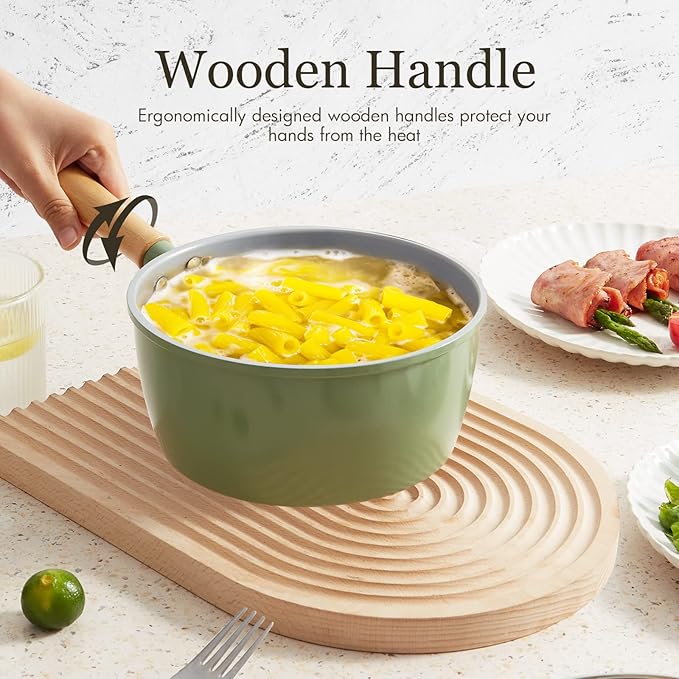 ROCKURWOK Ceramic Nonstick Sauce Pan, 3 QT Pot with Steamer, Non Toxic & PFAS-Free, Wooden Handle for Cool Touch, Universal Base(Gas, Electric & Induction), Green