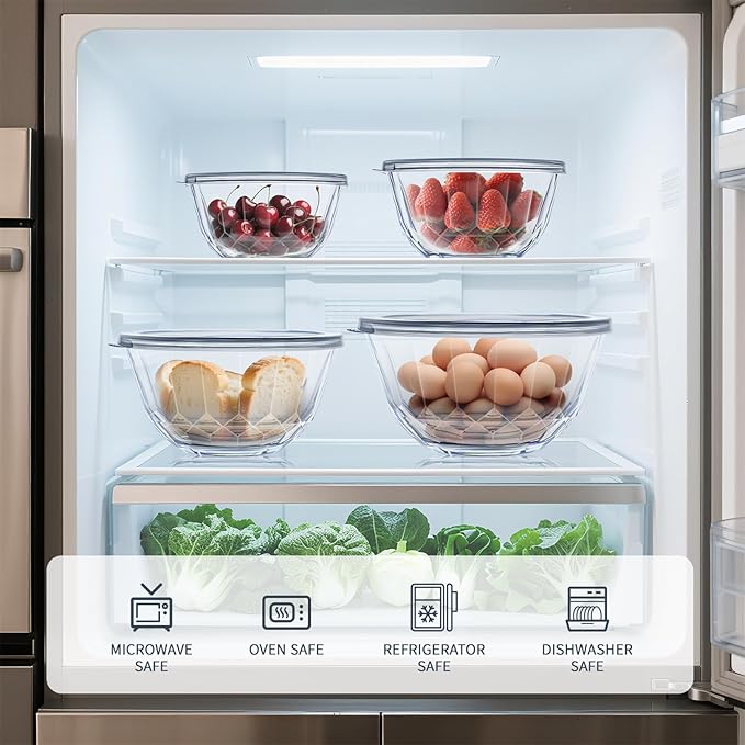 Luvan Glass Mixing Bowls with Lids Set of 5(0.85qt,1.11qt,1.69qt,2.85qt,4.7qt), Large Salad Bowl with Diamond Pattern & Grey Transparent Lids, Kitchen Clear Mixing Bowl for Serving Baking Prep Storage