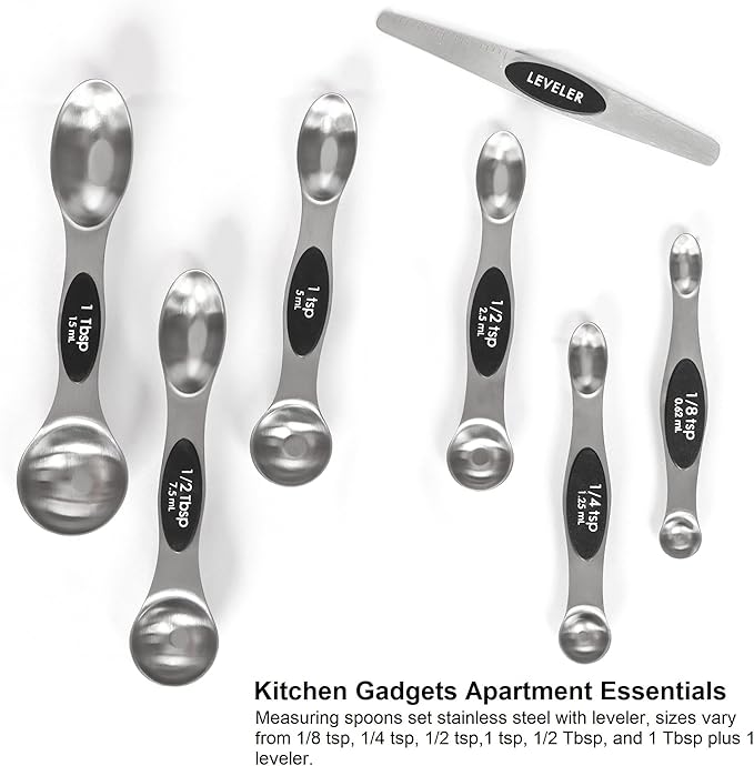 Magnetic Measuring Spoons Set Stainless Steel with Leveler, Stackable Metal Tablespoon Measure Spoon for Baking, Cups and Spoon Set Kitchen Gadgets Apartment Essentials Fits in Spice Jars