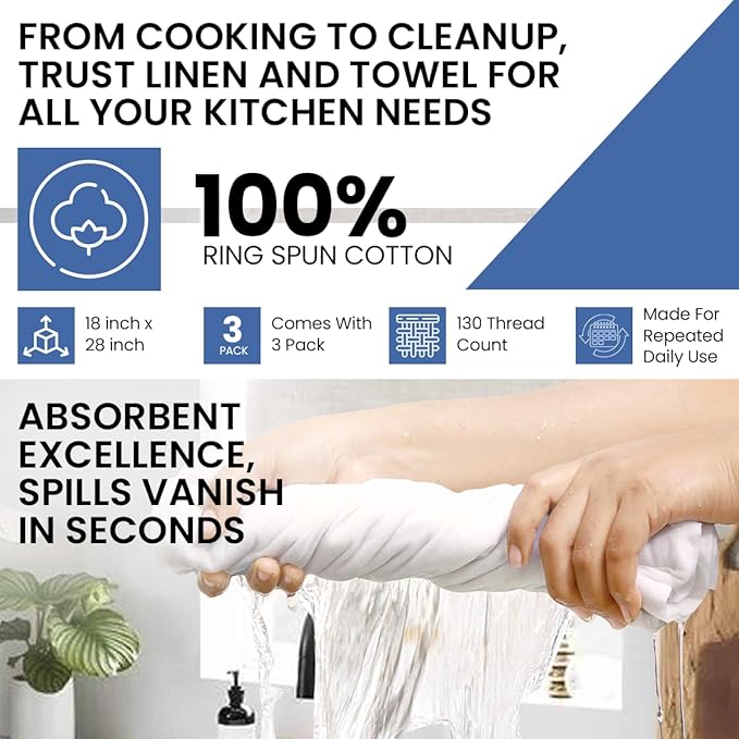 LITO LINEN AND TOWEL Flour Sack Towels - 100% Cotton Tea Towels for Crafts, Dish Towels for Kitchen, Embroidery, Cleaning, Baking (Pack of 3) - 18"x 28"