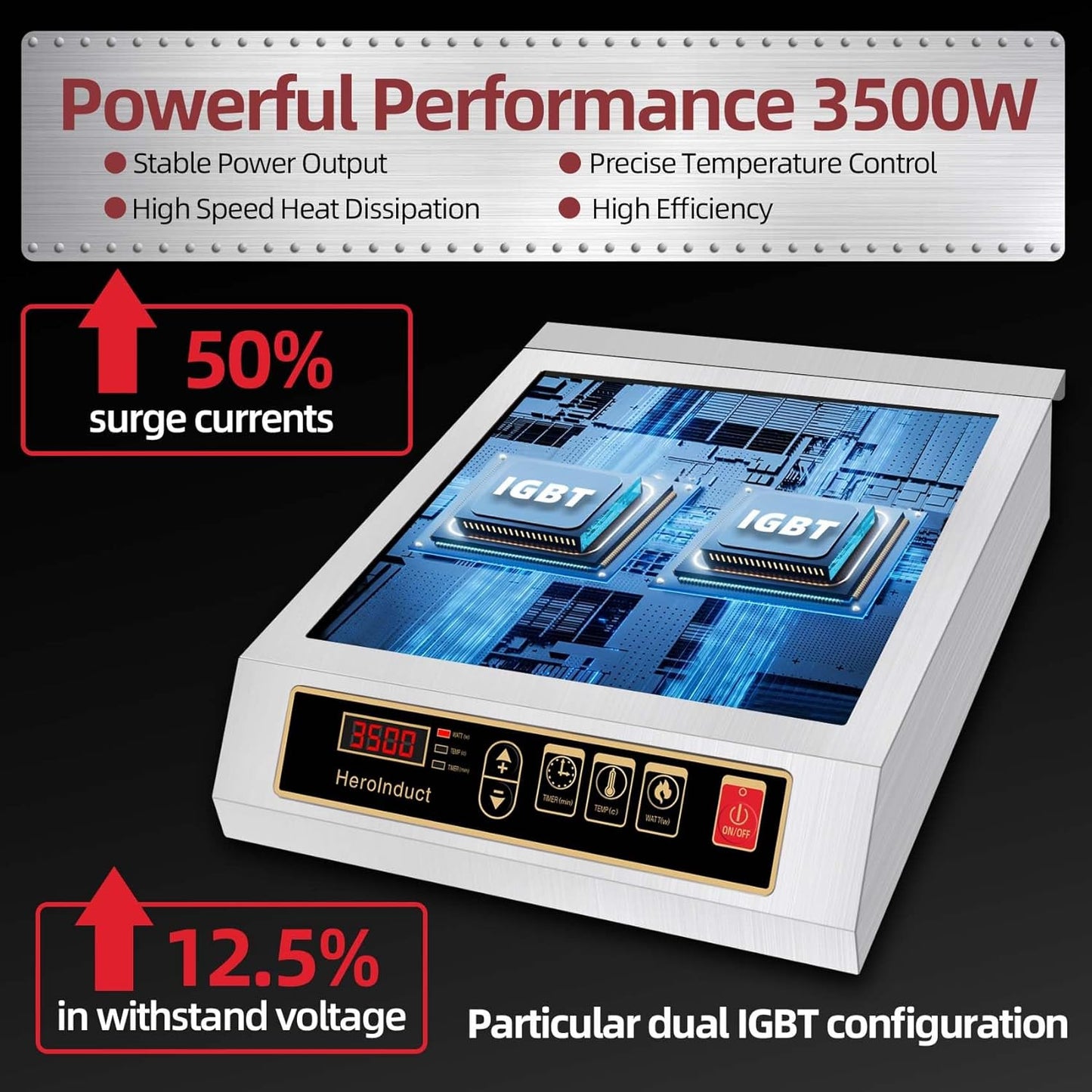 Induction Cooktop 208-240V 3500W Commercial Induction Burner Dual IGBT Modules 8 Heating Level Sensor Push-Button Premium Stainless Steel Housing Crystal Glass Electric Cooktop（Black）