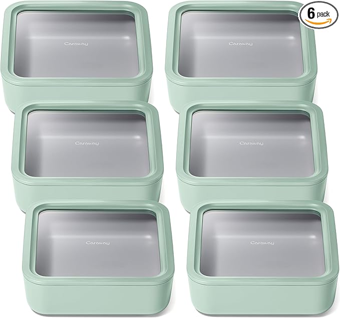 Caraway 6pc Glass Food Storage Set – 10 Cup Food Containers (6) - Ceramic Coated - Non Toxic, Non Stick with Lids - Microwave Safe - Mist