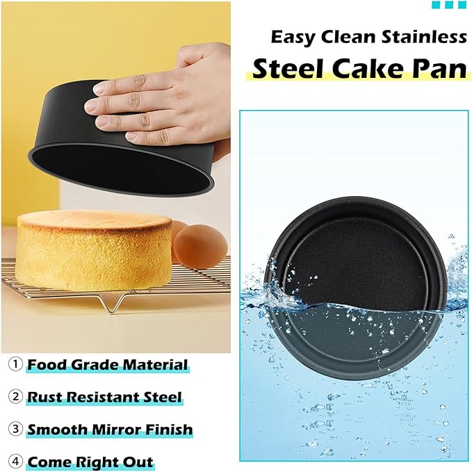 LIANYU 6 Inch Cake Baking Pans Set of 4, Stainless Steel Round Cake Bake Pan Non Stick, Fit in Pot Pressure Cooker Air Fryer, Healthy & Toxic Free, Leak-proof & Dishwasher Safe, Black