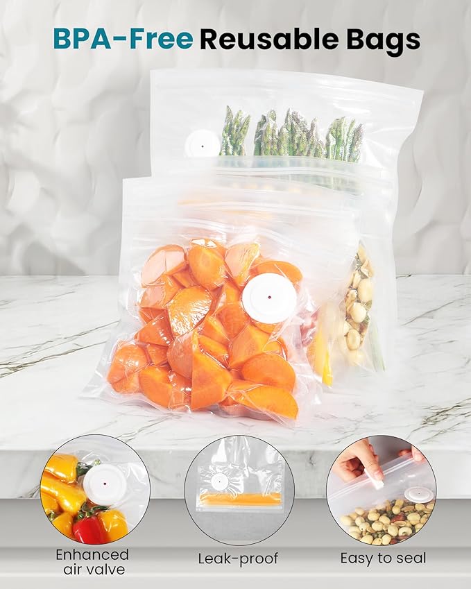 FEPPO Vacuum Sealer for Food with Visible Water Tank, Handheld Saver Compact Vacuum Sealer Machine with 30 Reusable Bags for 6X Preservation & Fresh, Teal