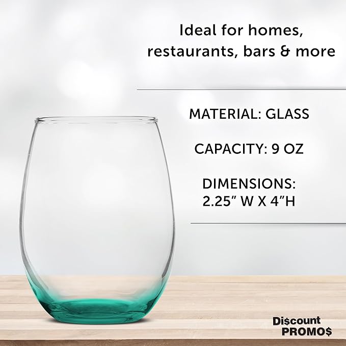 DISCOUNT PROMOS Stemless Wine Glass 9 oz. Set of 10, Bulk Pack - Great for Wedding Favors, Bachelorette Party and More - Green Bottom Color