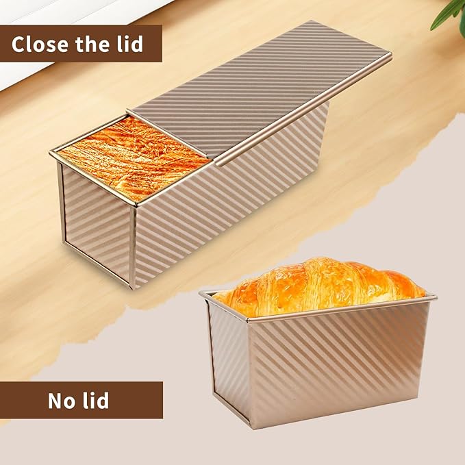 Pullman Loaf Pan with Lid, Pullman Loaf Pan 2.2 LB/1 LB, 2 Pack Nonstick Sandwich Bread Pan, for Bread, Sandwiches, and Toast, Golden, Deep Side and Corrugated