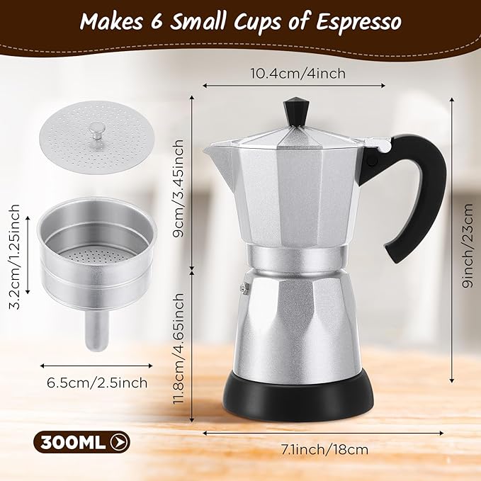 Coffee Pot 6 Cup Electric Espresso Coffee Maker Italian Moka Maker 300ml Portable Aluminum Espresso Machine Cafetera Moka Pot with Detachable Base, Gift for Home Travel(Aluminum Color)