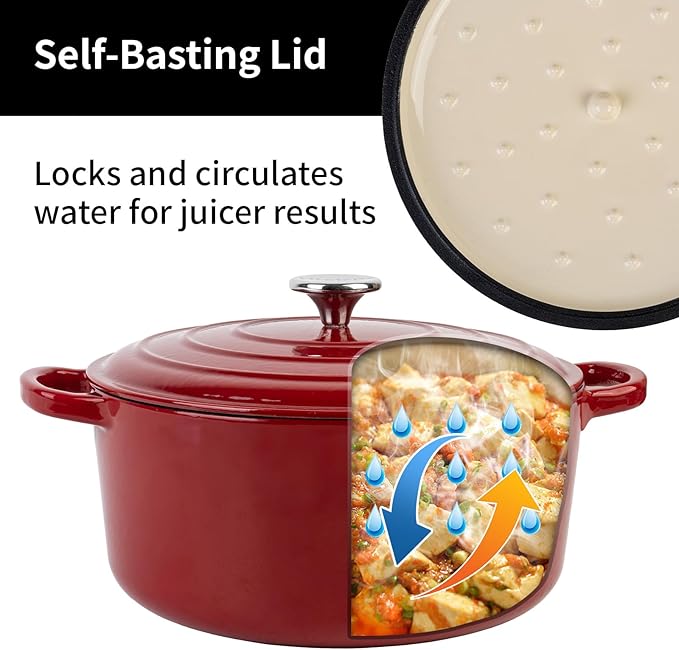 Enameled Cast Iron Dutch Oven Pot with Lid, 5.7 Quart Dutch Oven for Bread Baking, Oven Safe up to 500° F, Suitable for Bread Baking, Braising, Roasting, Stews, Red