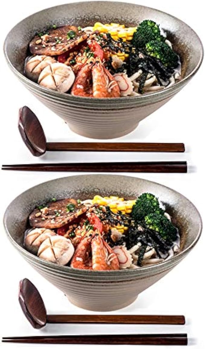 NJCHARMS Ceramic Ramen Bowls set, Noodles Soup Bowls, 2 Sets (6 Piece) 60 Ounce, Large Japanese Ceramic Ramen Bowl with Spoons and Chopsticks for Salad, Udon Pho Asian Noodles, Imitation pottery