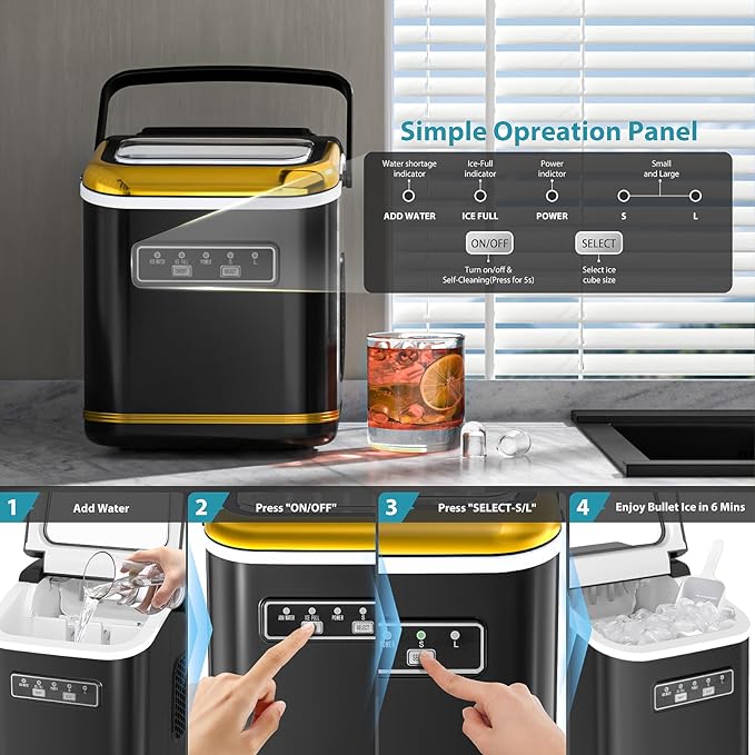 Countertop Ice Maker Machine, Portable Compact Small Bullet Ice Maker with Self Cleaning Function Makes 9 Cubes in 6 Minutes, Up to 26lbs in 24 Hours, Ideal for Camping Dorm Home Outdoor Use(Black)