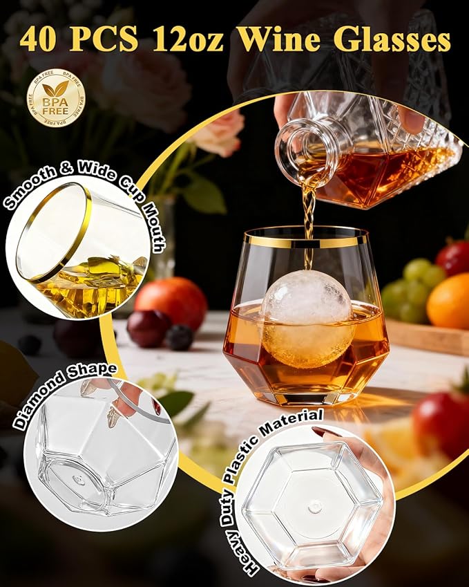 40 PCS Clear & Gold Rim 12 Oz Plastic Wine Whiskey Glasses, Diamond Stemless Unbreakable Disposable Wine Glasses for Party, Ideal for Beach Holidays,Halloween, Christmas, Weddings,Daily Use