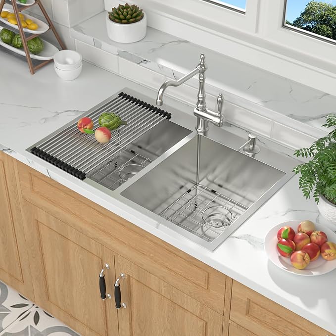 Mocoloo 33 Drop In Kitchen Sink Double Bowl 33 x 22 Drop Sink Double Bowl 50/50 T304 Stainless Steel 16 Gauge Topmount Handmade, 10 Inch Deep