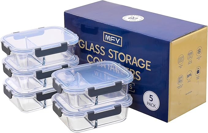 MFY 5-Pack 36 OZ Glass Storage Containers with Lids - 2 Compartment Meal Prep Set, Airtight Glass Lunch Containers, Microwave, Oven, Freezer & Dishwasher Safe, Gray