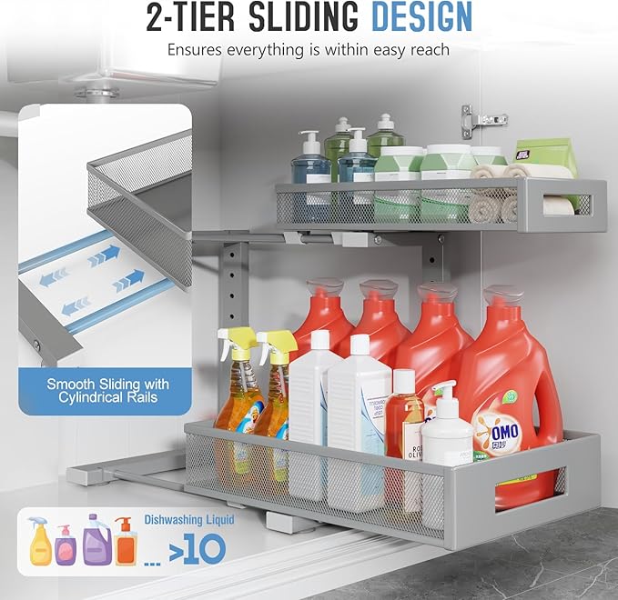 2-Pack Under Sink Storage Organizer, Large 2-Tier Elegant Mesh Pull Out Shelf for Kitchen and Bathroom Cabinet Organization, L-Shaped and Adjustable Height Design-Gun Gray