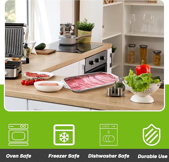 2 Pcs Stainless Steel Baking Sheet Nonstick Cookie Pan Rectangle Bakeware Cookie Sheets Oven Pan for Fish Cakes Breads Casseroles Vegetables (Handle, 16" x 9" x 1.2")