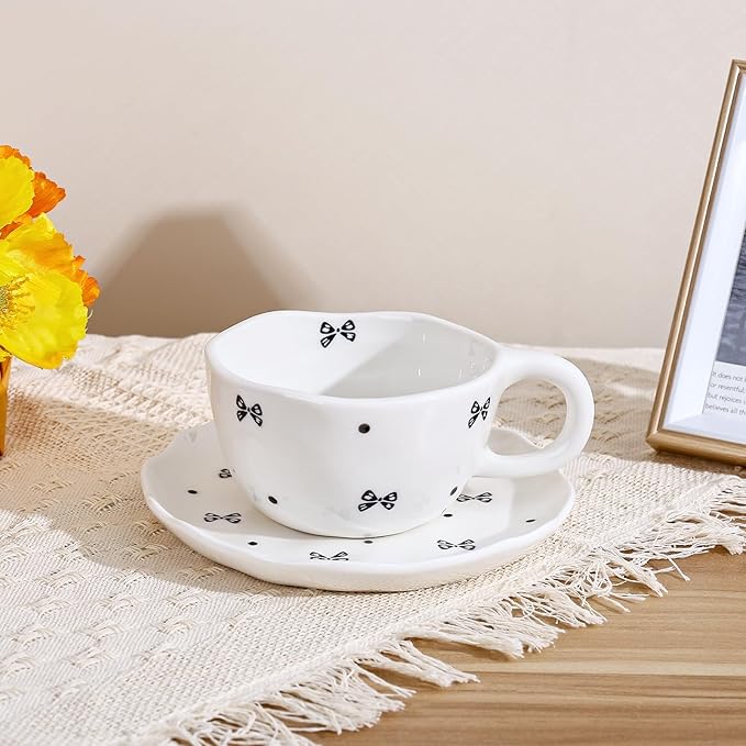 Koythin Ceramic Coffee Mug with Saucers, Handmade Flowers Mugs, Cute Cup for Girl Women, Aesthetic Tea Milk Cup with Handle, 8.5 oz/250 ml for Latte, Cocoa, Office, Home (Black Small Bow)