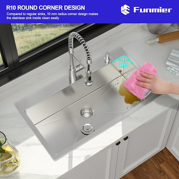 33 Inch Drop In Kitchen Sink - 33 x 19 Topmount Kitchen Sinks Stainless Steel 16 Gauge Single Bowl Handmade Top Mount Sinks with Offset Drainer