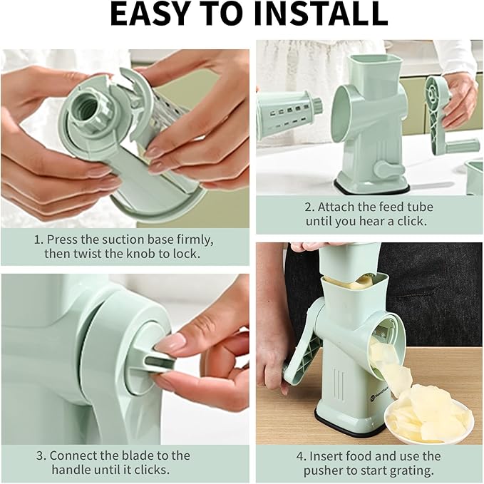 6 in 1 Rotary Cheese Grater Hand Crank with 6 Stainless Steel Blades, Cheese Shredder with Reinforced Suction Base, Grater For Cheese, Vegetables, Nuts and Ice, Easy to Clean