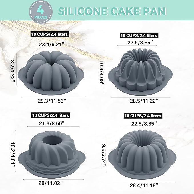 Tongjude 4 Pieces Silicone Fluted Tube Cake Pans, 10 Cups Tube Baking Pan, Jello Mold, Silicone Molds for Homemade Cake, Bread and Jello, Non-Stick, Grey