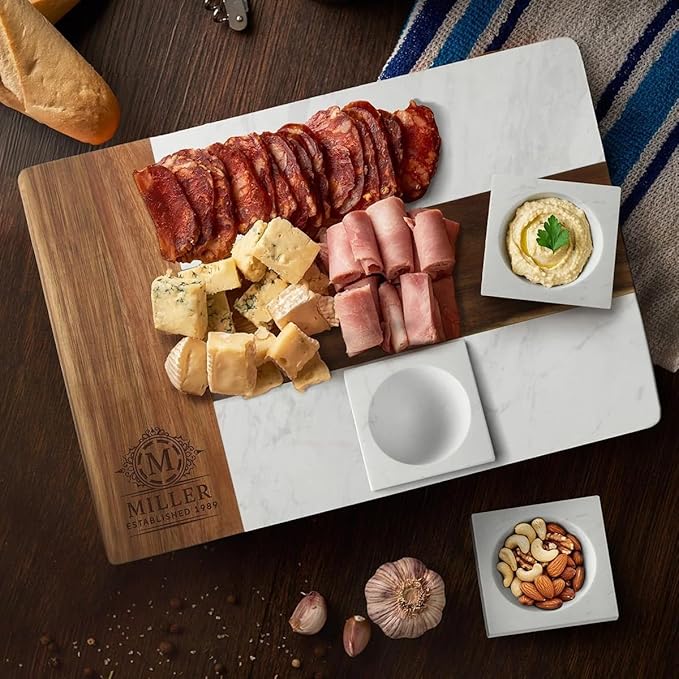 Personalized Charcuterie Board Gift Set | Custom 15.75" x 11.75" White Marble & Acacia Wood Cheese Board with Serving Bowls | Perfect Housewarming + Wedding + Couples Gift Idea