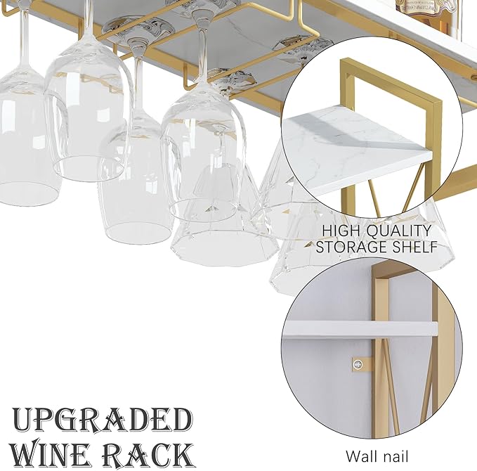 Dokser Wine Rack Wall Mounted 2 Tier Shelf, Wall Wine Rack with Industrial Iron & Rustic Wood Frame Wine Bottle Holder for Kitchen, Dining Room, Home Bar Decor (Gold)