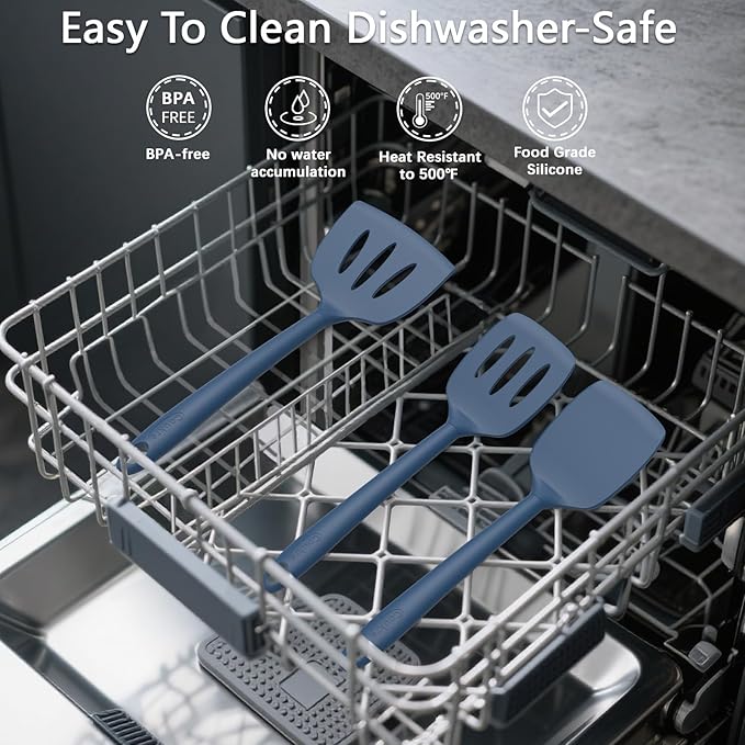 Coukre 3 Pack Silicone Spatula Set, High Heat Resistant, BPA-Free, Fish Spatula, Solid & Slotted Turner for Non-Stick Pans, Flipping Eggs, Pancakes, Fish, Burgers (3, PureDarkBlue)