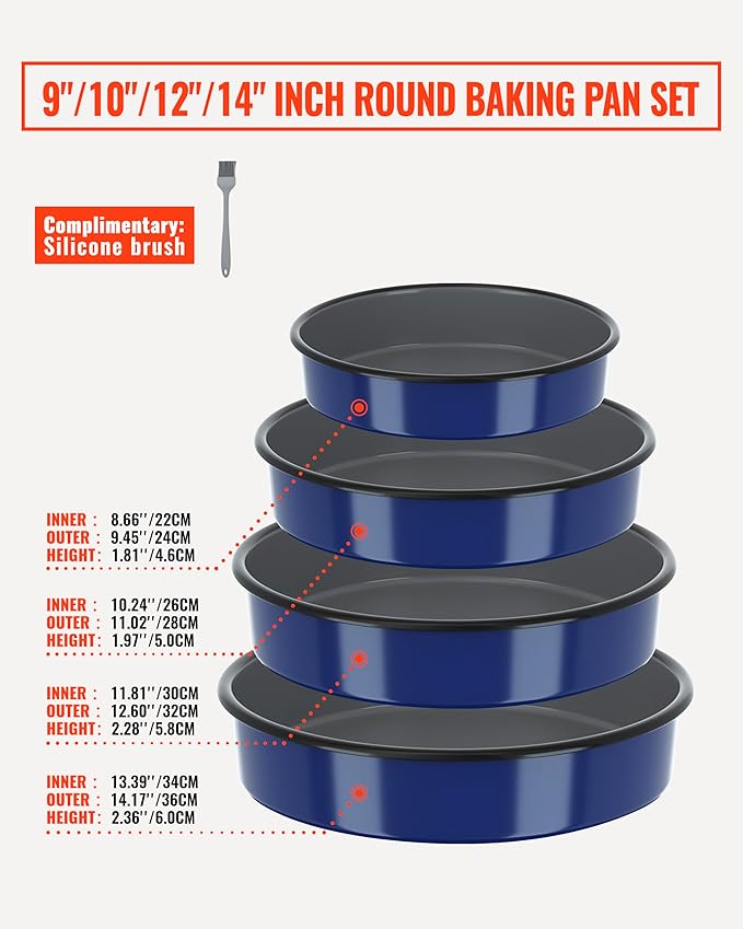 Enamel Baking Pans Set Round Roasting Dish 4-Pack 9/10/12/14 Inch Non Stick Large Bakeware for Cake Bread Pie Pizza Turkey Steak, Non-Toxic Carbon Steel Oven Dishwasher Safe Thanksgiving Cookware