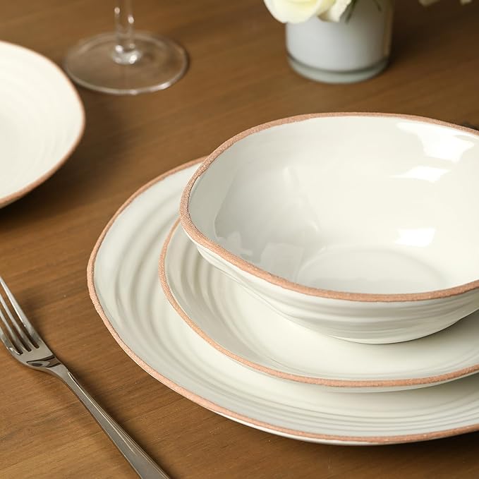 Stone Lain Nami 12-Piece Dinnerware - Stoneware, Plates and Bowls Set, Microwave and Dishwasher Safe, Dish for 4, White