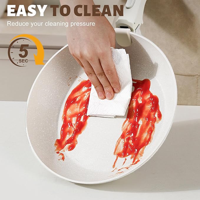 Numola 10 pcs Pots and Pan Set Non Stick with Detachable Handle, Ceramic Cookware Set for Stackable, Induction Kitchen Cookware Set for RV, Dishwasher ＆ Oven Safe, Cream White