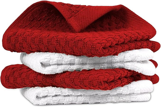 Infinitee Xclusives Premium Dish Cloth 100% Cotton 12 x 12 Inches |Pack of 4| - Ultra Soft Tea Towels - Highly Absorbent Kitchen Rags - Terry Dishcloth for Kitchen and Household Cleaning |Red|