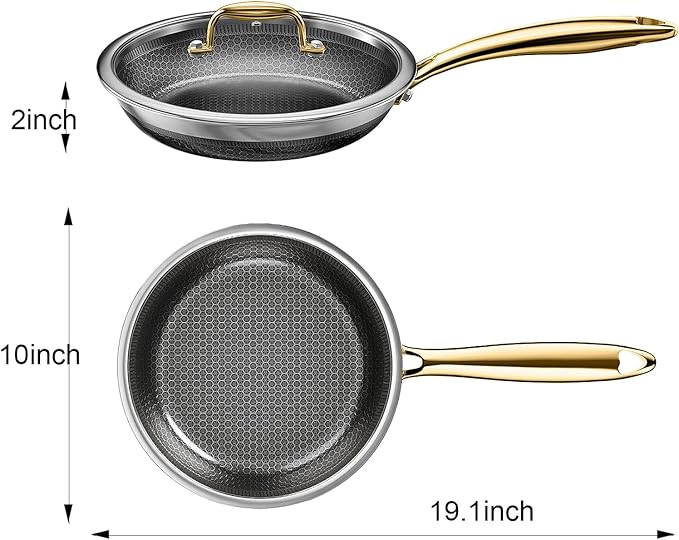 Fogdream 10” Pots and Pans Set Non Stick, Stainless Steel Pan with Lid, Dishwasher and Oven-Safe Frying Pan, PFOA Free and Induction Compatible Cookware Set, Gold