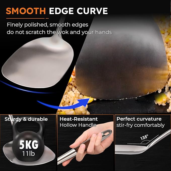 MARTE Wok Spatula and Ladle Skimmer Spoon Tool Set,[High-Grade,Rustproof, Integral Forming, Heat-Resistant] 17" 304 Stainless Steel Cooking Utensils Set of 3，Wok Stir-Fry Accessories - Non-Slip Handle