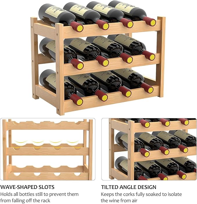 3 Tier Bamboo Wine Rack for Countertop, 12 Bottles Wine Storage Shelf for Kitchen Pantry Cabinet