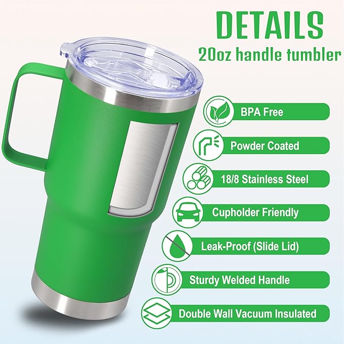 20 oz Tumbler with Handle and Lid, Stainless Steel Tumbler Insulated Travel Coffee Mug, Spill Proof Double Wall Vacuum Tumbler Cup Keep Drink Hot & Cold, Green, 1 Pack