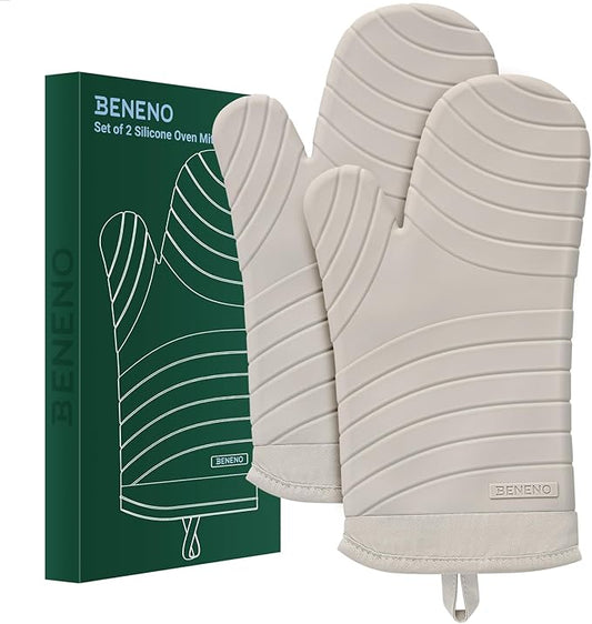 Beneno Premium Silicone Oven Mitts 2-Pack Heat Resistant 500°F, Soft Flexible Non-Slip Grips, BPA-Free & Waterproof Oven Mitts with Comfort Cotton Lining for Baking, Grilling, Cooking, 7"x13", Beige