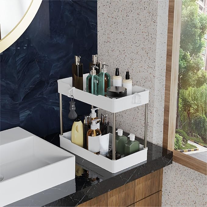 3 Pack Under Sink Organizers and Storage, 2 Tier Bathroom Cabinet Organizer Shelf with Hanging Cups for Kitchen & Bathroom (White)