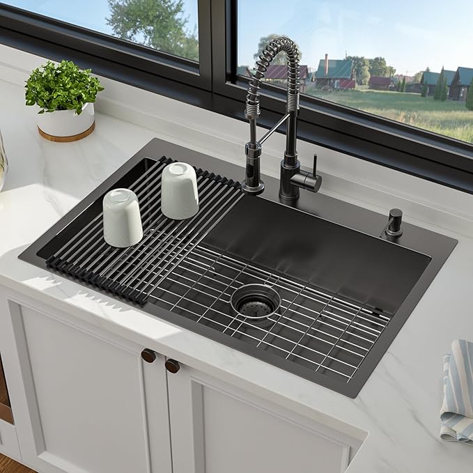 33 x 22 Drop In Kitchen Sink - Funmier 33 Inch Gunmetal Black Stainless Steel Topmount Kitchen Sink Single Bowl 16 Gauge Handmade 10" Deep Basin