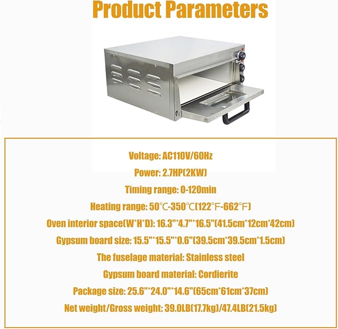 110V Commercial Pizza Oven Single-Deck Electric Countertop Pizza Baking Machine 2KW Stainless Steel Portable Oven with Time Control 0-120min for Home and Restaurant