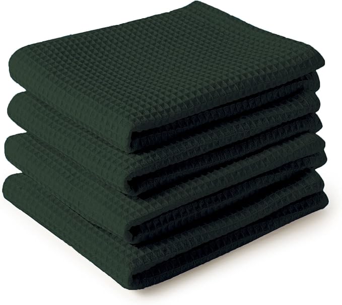 Encasa XO Kitchen Dish Towels Set | Dark Green | Waffle Weave and Flat Hand Tea Towel | 28"x18" | Quick Drying Reusable Cotton Washcloths | Multipurpose Lightweight Dishcloths Set of 4