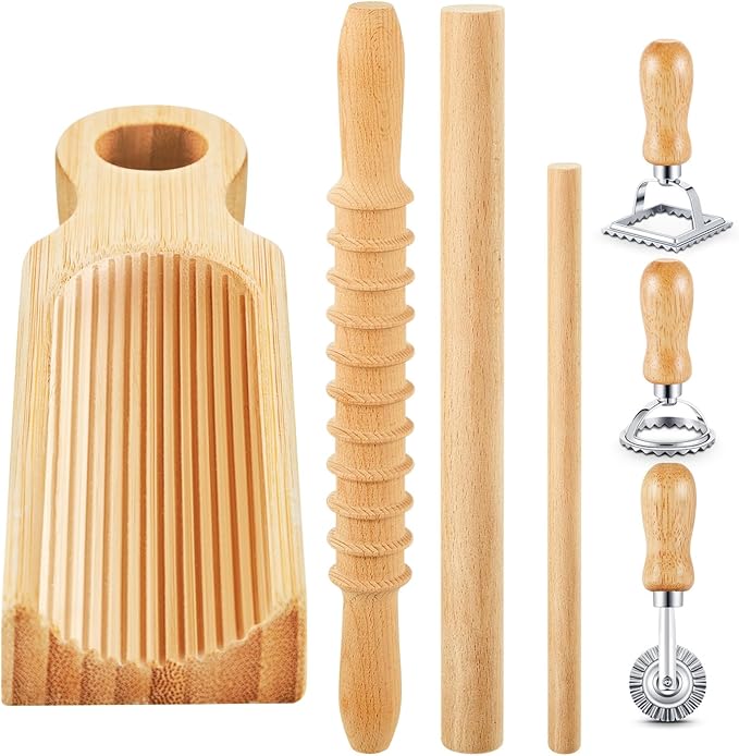 Tioncy 7 Pcs Pasta Making Tool Set Wood Gnocchi Board with Ravioli Stamp Ravioli Maker and Rolling Pin Homemade Gnocco Maker Kitchen Gift for Christmas Baking Lovers(Curved Gnocchi Board Set)