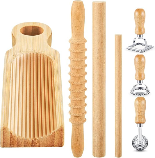 Tioncy 7 Pcs Pasta Making Tool Set Wood Gnocchi Board with Ravioli Stamp Ravioli Maker and Rolling Pin Homemade Gnocco Maker Kitchen Gift for Christmas Baking Lovers(Curved Gnocchi Board Set)