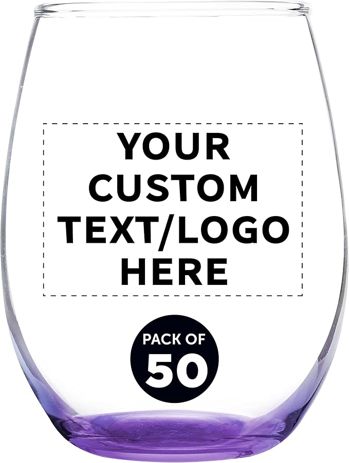 Custom Stemless Wine Glass 9 oz. Set of 50, Personalized Bulk Pack - Great for Wedding Favors, Bachelorette Party Decorations, Party Favors, Color Bottom - Purple