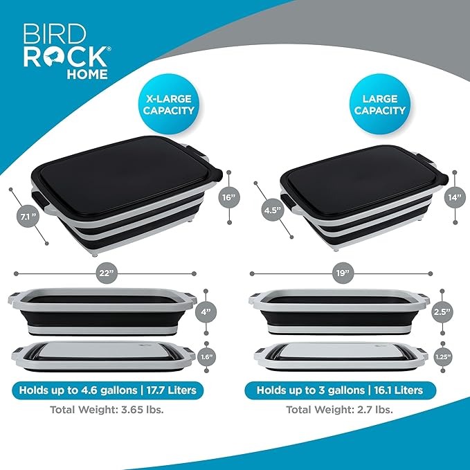BIRDROCK HOME 2-pack Collapsible BBQ Prep Tub w/Cutting Board, Multi-Function Grill Caddy w/Colander & Lid, Portable Silicone Dish Bowl for Picnic, Tailgate, Camping (Black, Large, X-Large)