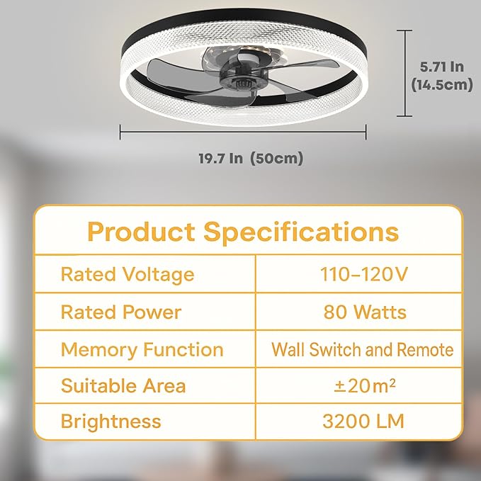 20‘’ Ceiling Fan with Light, Upgraded Low Profile Fan, Flush Mount Ceiling Fan, 6 Speeds, Dimmable LED, App & Remote Control, Quiet DC Motor, for Bedroom, Living Room, F093 Black-D