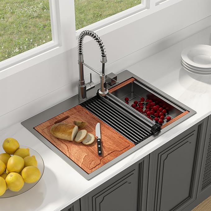 Lordear 30 Black Kitchen Sink Drop In 30 x 22 Topmount Kitchen Sinks Workstation 16 Gauge Stainless Steel Gunmetal Black Single Bowl Topmount Handmade Sink Basin with Drain Strainer